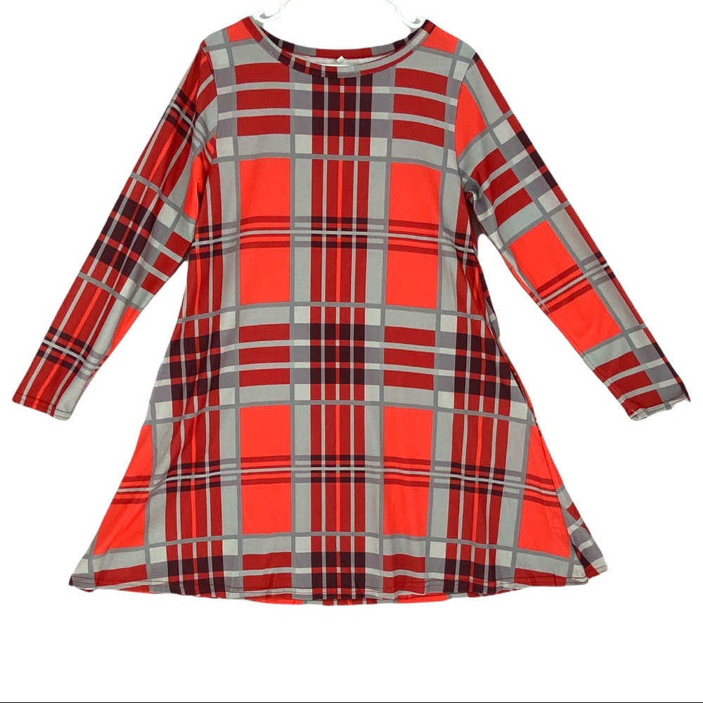 Aiken Women’s Red/Grey Plaid Long Sleeve Scoop Neck Flare Midi Dress Size M